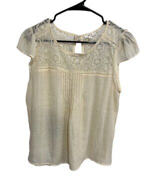 Mine Large Cream Lace Accent Cap Sleeve Blouse Pintuck Cottagecore Soft Girl